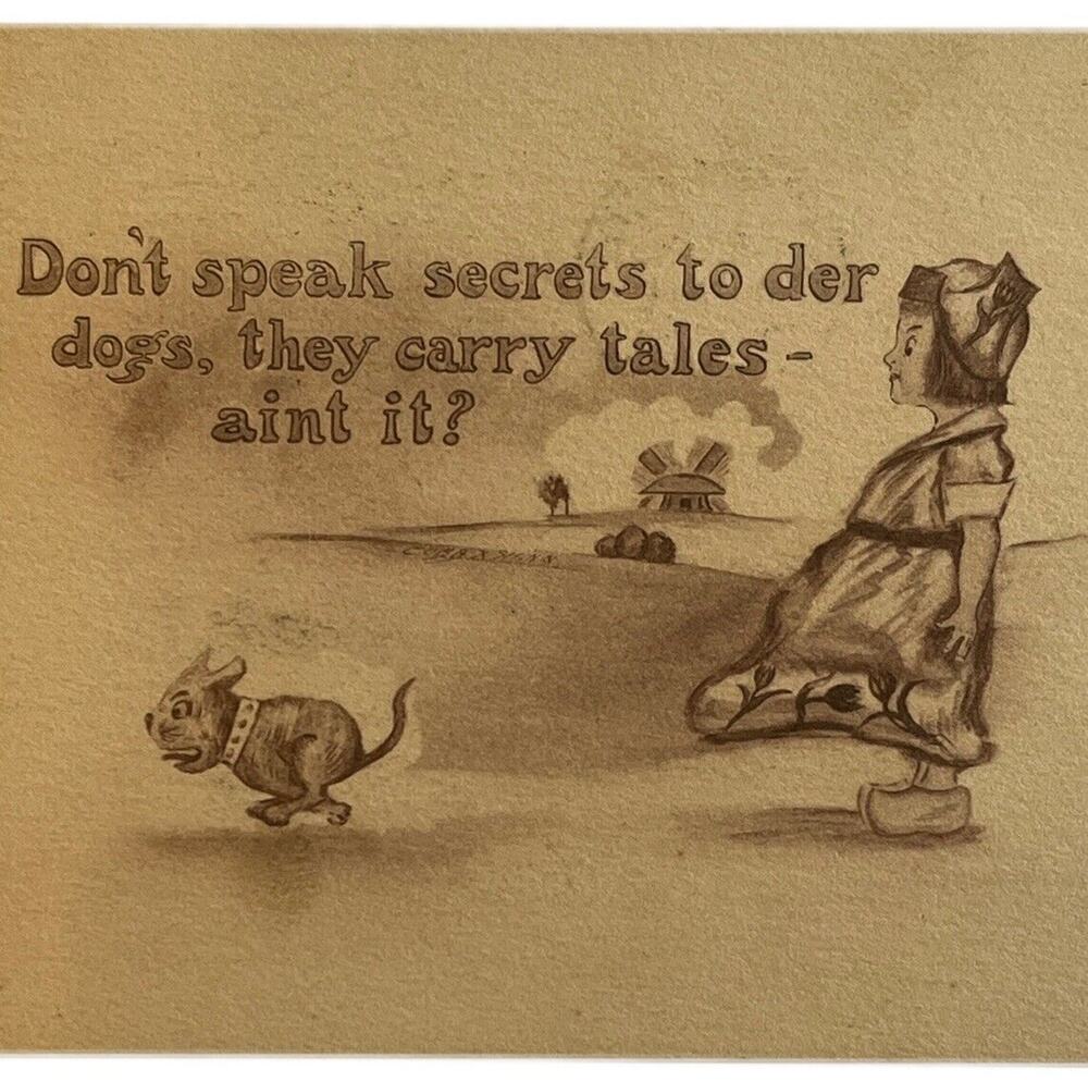 Antique 1911 Ephemera Postcard Humorous Message Dutch Girl Dog Windmill Posted